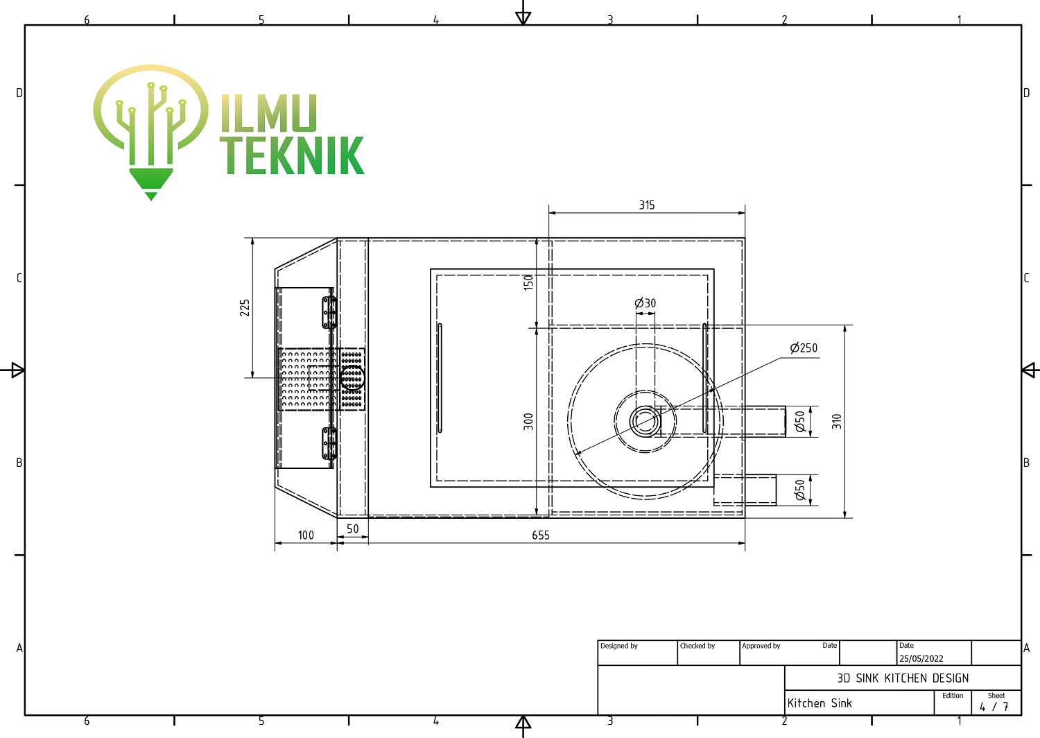 ilmuteknik.id - gambar bak lemak / grease trap 2 dimensi, bak penyaring lemak dan kotoran dapur