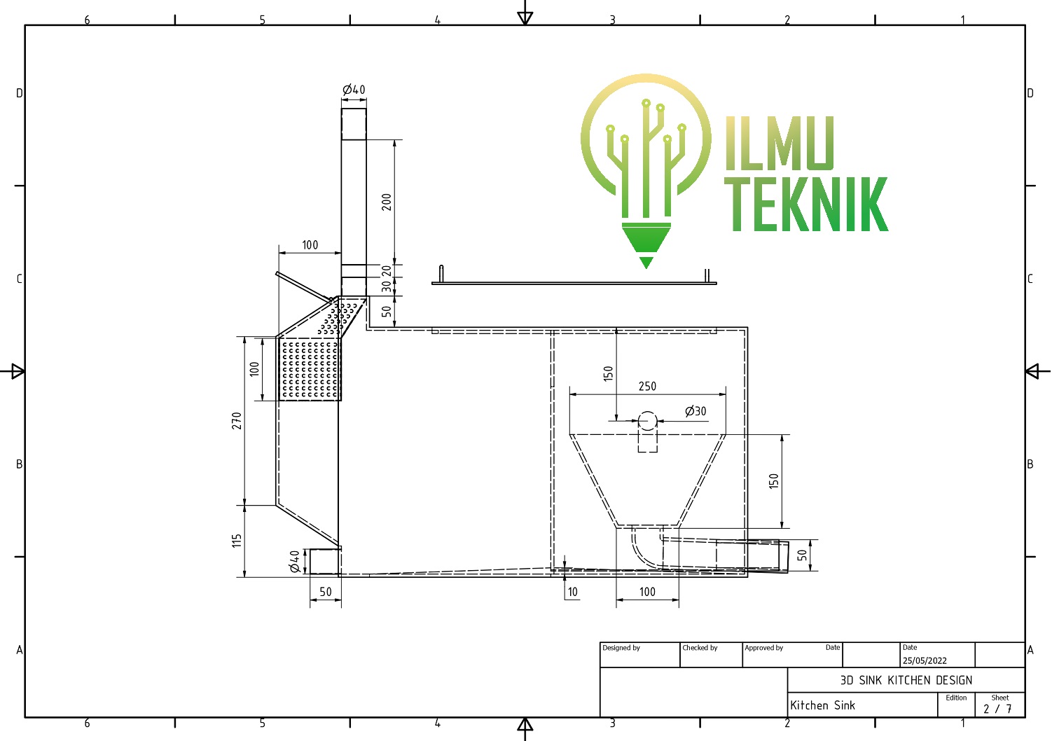 ilmuteknik.id - gambar kerja bak grease trap 2 dimensi, bak penyaring lemak dan kotoran dapur